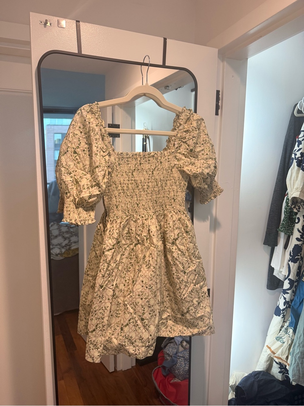 Hill House Mini Dress in Cream with Green Floral Print